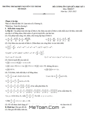 Đề Cương Ôn Tập Giữa HK1 Toán 7 Năm 2021 - 2022 Trường Nguyễn Tất Thành - Hà Nội