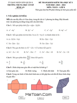 Trọn Bộ Đề Tham Khảo Cuối Kì 1 Toán 8 Năm 2023 - 2024 Phòng GD&ĐT Quận 8 - TP.HCM