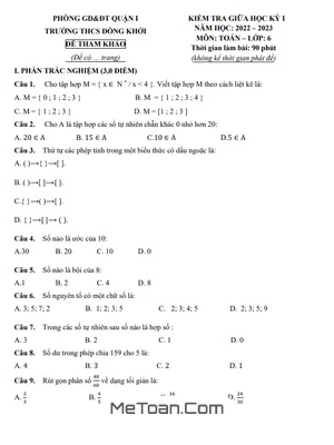 Đề Tham Khảo Giữa Kỳ 1 Toán 6 Năm 2022 - 2023 Trường THCS Đồng Khởi - TP HCM