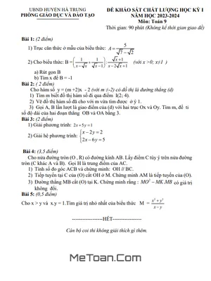 Đề thi học kỳ 1 Toán 9 năm 2023 - 2024 phòng GD&ĐT Hà Trung - Thanh Hóa