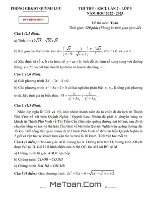 Đề KSCL lần 2 Toán 9 năm 2022 – 2023 phòng GD&ĐT Quỳnh Lưu – Nghệ An