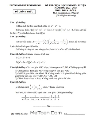 Đề thi HSG huyện Toán 8 năm 2022 - 2023 phòng GD&ĐT Bình Giang - Hải Dương