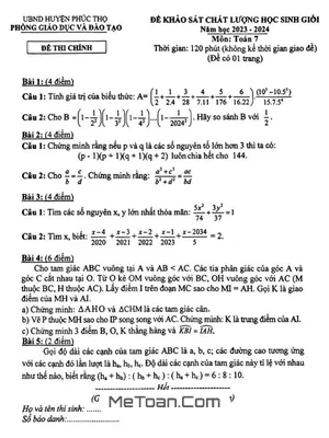 Đề KSCL Học Sinh Giỏi Toán 7 Năm 2023 - 2024 Phòng GD&ĐT Phúc Thọ - Hà Nội