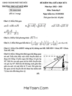 Đề Thi Giữa Học Kỳ 1 Toán 9 Năm 2022 - 2023 Trường THCS Lê Quý Đôn - TP HCM