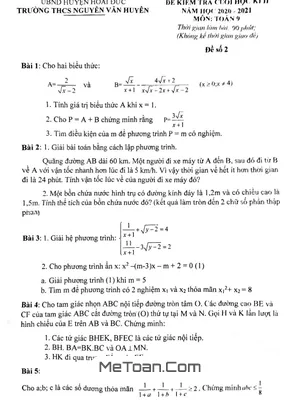 Đề Thi Cuối Kì 2 Môn Toán Lớp 9 Năm 2020-2021 Trường THCS Nguyễn Văn Huyên - Hà Nội