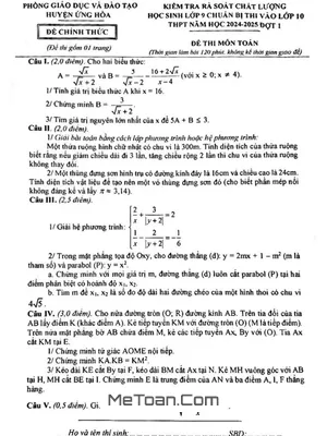 Đề kiểm tra Toán 9 thi vào 10 năm 2024 - 2025 đợt 1 phòng GD&ĐT Ứng Hòa - Hà Nội