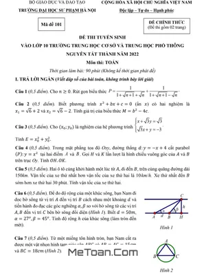 Đề thi Toán vào lớp 10 trường Nguyễn Tất Thành - Hà Nội năm 2022 có lời giải