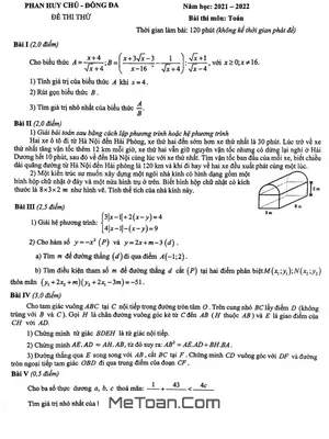 Đề thi thử Toán vào 10 năm 2021 - 2022 trường THPT Phan Huy Chú - Hà Nội