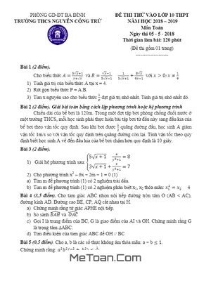 Đề thi thử vào lớp 10 môn Toán năm 2018 - 2019 trường Nguyễn Công Trứ - Hà Nội (có đáp án)