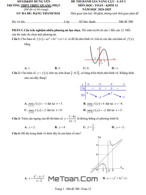 Đề Đánh Giá Toán 12 Lần 1 Năm 2024 - 2025 Trường THPT Triệu Quang Phục - Hưng Yên