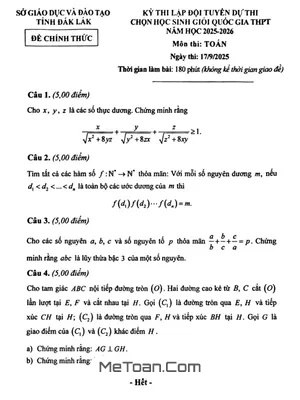 Đề Lập Đội Tuyển HSG Quốc Gia Toán THPT 2025-2026 Sở GD&ĐT Đắk Lắk Chính Thức