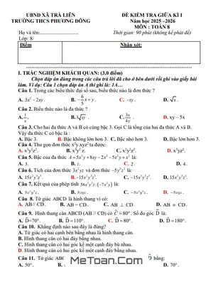 Đề Thi Giữa Kỳ 1 Toán 8 Năm Học 2025 - 2026 Trường THCS Phương Đông, Đà Nẵng (Có Đáp Án Chi Tiết)