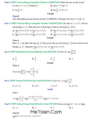 Trắc nghiệm Giới Hạn Có Lời Giải Chi Tiết Trong Đề Thi Thử Toán 2018
