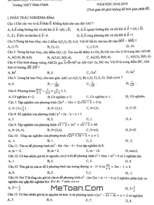 Đề thi Toán 10 học kỳ 1 năm 2018 - 2019 trường THPT Nhân Chính - Hà Nội