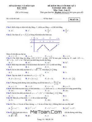 Đề thi học kì 1 Toán 12 năm 2020 - 2021 sở GD&ĐT Bắc Ninh (có đáp án)