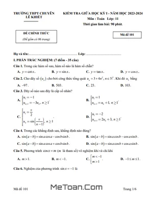 Đề Thi Giữa Kỳ 1 Toán 11 Năm 2023 - 2024 Trường Chuyên Lê Khiết - Quảng Ngãi