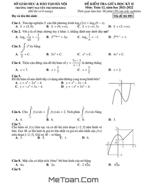 Đề Thi Giữa Kỳ 2 Môn Toán Lớp 12 Năm 2021 - 2022 Trường Nguyễn Thị Minh Khai - Hà Nội