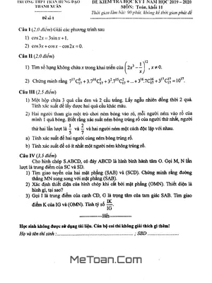 Đề kiểm tra HKI Toán 11 năm 2019 – 2020 trường Trần Hưng Đạo – Hà Nội