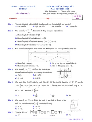 Đề thi giữa HK1 Toán 12 năm 2020 - 2021 trường THPT Nguyễn Trãi - Quảng Nam