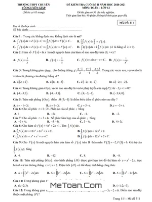 Đề thi cuối kì 2 Toán 12 năm 2020 - 2021 trường chuyên Võ Nguyên Giáp - Quảng Bình