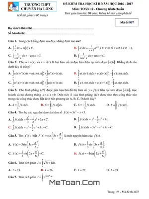Đề thi HK2 Toán 12 năm 2016 - 2017 trường THPT chuyên Hạ Long - Quảng Ninh