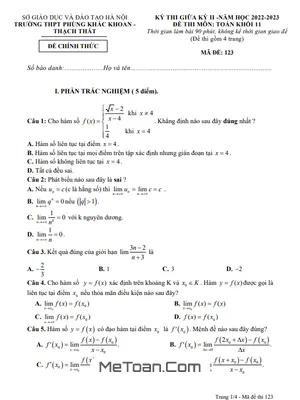 Đề thi giữa kỳ 2 Toán 11 năm 2022 - 2023 trường THPT Phùng Khắc Khoan - Hà Nội