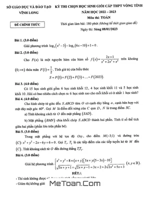 Đề thi chọn HSG Toán THPT vòng tỉnh năm 2022-2023 Sở GD&ĐT Vĩnh Long