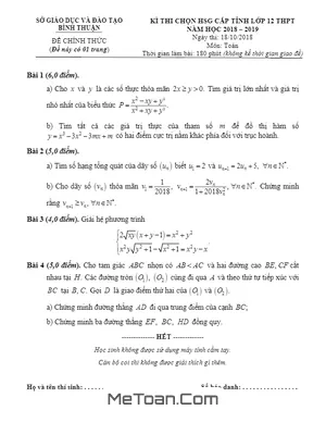 Đề thi chọn HSG cấp tỉnh Toán 12 năm 2018 - 2019 sở GD&ĐT Bình Thuận (Vòng 1)