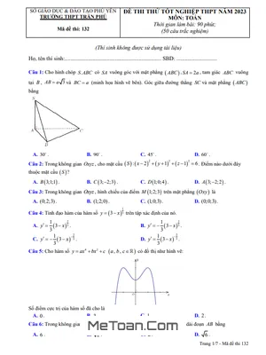 Đề Thi Thử Tốt Nghiệp THPT 2023 Môn Toán Trường THPT Trần Phú - Phú Yên
