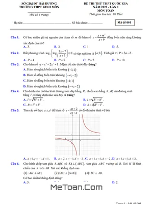 Đề thi thử Toán THPT Quốc gia 2022 lần 1 trường THPT Kinh Môn – Hải Dương