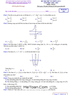 Đề thi thử THPT 2021 môn Toán lần 1 trường Nguyễn Đăng Đạo – Bắc Ninh