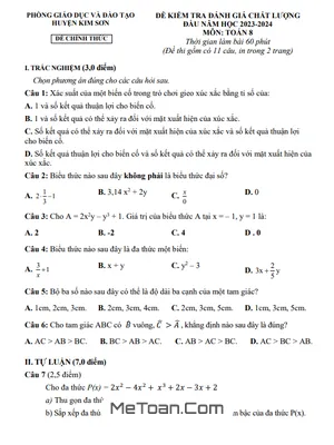 Đề kiểm tra Toán 8 đầu năm 2023 – 2024 phòng GD&ĐT Kim Sơn – Ninh Bình