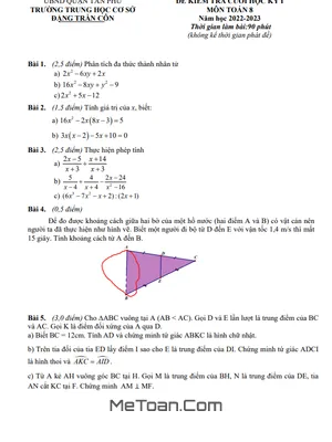 Đề thi học kì 1 môn Toán lớp 8 năm 2022 - 2023 trường THCS Đặng Trần Côn - TP HCM (có đáp án)