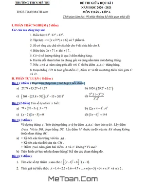 Đề thi giữa kì 1 Toán lớp 6 năm 2020 - 2021 trường THCS Mễ Trì - Hà Nội