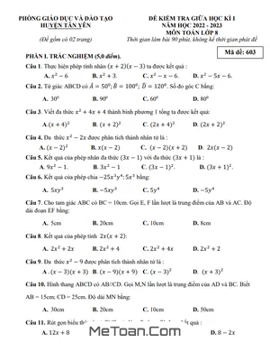 Đề Thi Giữa Học Kì 1 Toán 8 Năm 2022 - 2023 Phòng GD&ĐT Tân Yên - Bắc Giang