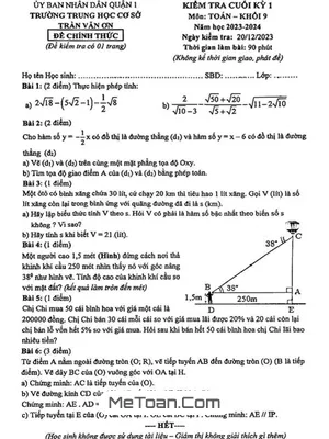 Đề thi học kỳ 1 Toán 9 năm 2023 - 2024 trường THCS Trần Văn Ơn - TP HCM