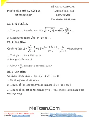 Đề thi HK1 Toán 9 năm học 2018 - 2019 phòng GD&ĐT Đống Đa - Hà Nội