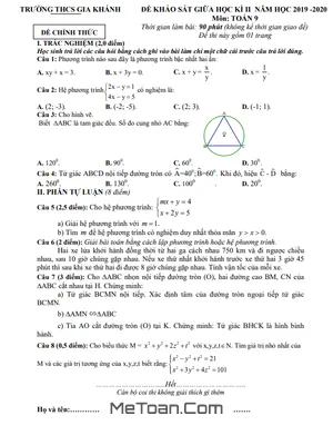 Đề khảo sát giữa kỳ 2 Toán 9 năm 2019 - 2020 trường THCS Gia Khánh - Vĩnh Phúc