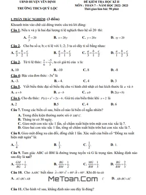 Đề thi học kì 2 Toán 7 năm 2022 - 2023 trường THCS Quý Lộc - Thanh Hóa