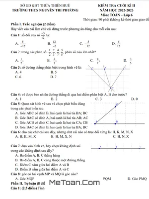 Đề thi học kì 2 môn Toán lớp 6 năm 2022 - 2023 trường THCS Nguyễn Tri Phương - TT Huế