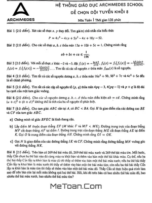 Đề chọn đội tuyển Toán 8 năm 2022 – 2023 hệ thống GD Archimedes School – Hà Nội