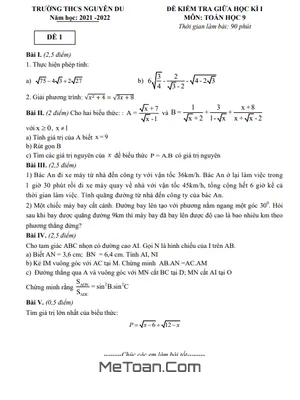 Đề thi giữa kì 1 Toán 9 năm 2021 - 2022 trường THCS Nguyễn Du - Có lời giải