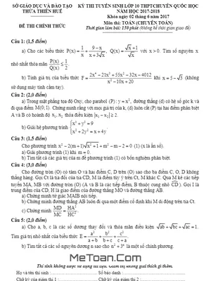 Đề thi tuyển sinh lớp 10 môn Toán chuyên trường THPT chuyên Quốc học - Huế năm 2017 - 2018