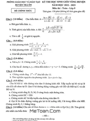 Đề thi học sinh giỏi huyện Toán 9 năm 2022 - 2023 phòng GD&ĐT Trà Ôn - Vĩnh Long