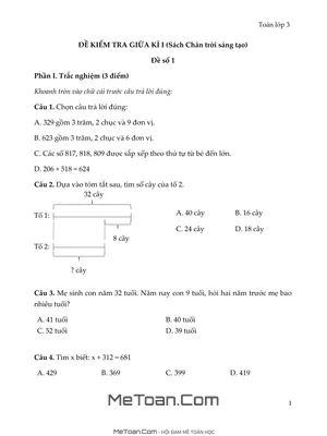 Bộ 5 Đề Ôn Luyện Thi Giữa Kì 1 Môn Toán Lớp 3 (Chân Trời Sáng Tạo)
