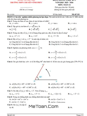 Đề Thi Giữa Kỳ 1 Toán 11 Chuyên Vĩnh Phúc - Phú Thọ Năm 2025-2026 (Có Đáp Án)