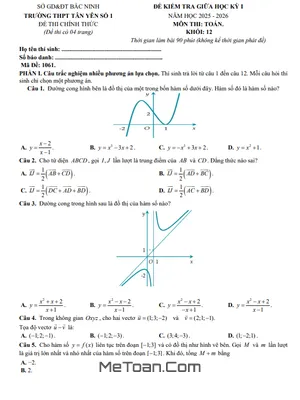 Đề thi giữa kì 1 Toán 12 năm 2025-2026 trường THPT Tân Yên 1 - Bắc Ninh (có đáp án chi tiết)