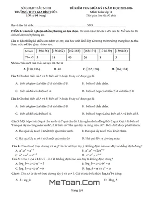 Đề Thi Giữa Học Kỳ 2 Toán 11 Năm 2025 - 2026 Trường THPT Gia Bình 1, Bắc Ninh