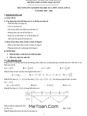 Đề Cương Ôn Tập Cuối Kỳ 1 Toán 12 Năm 2022 - 2023 THPT Lương Ngọc Quyến - Thái Nguyên
