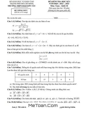 Đề thi học kì 1 Toán 10 năm 2022 - 2023 trường THPT Đào Sơn Tây - TP.HCM